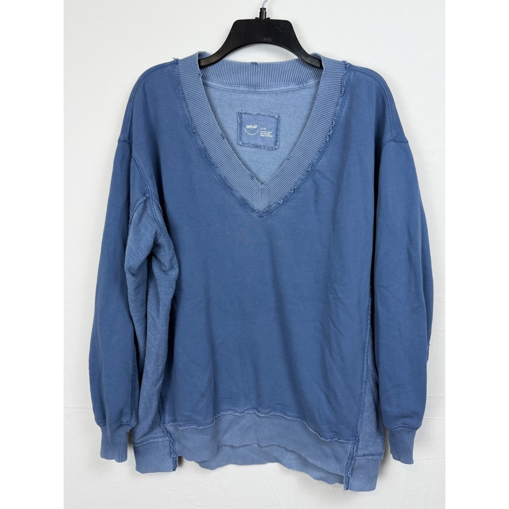 Aerie Women Cotton Sweatshirt XS Blue V-Neck Raw Hem Oversized Long Sleeve
